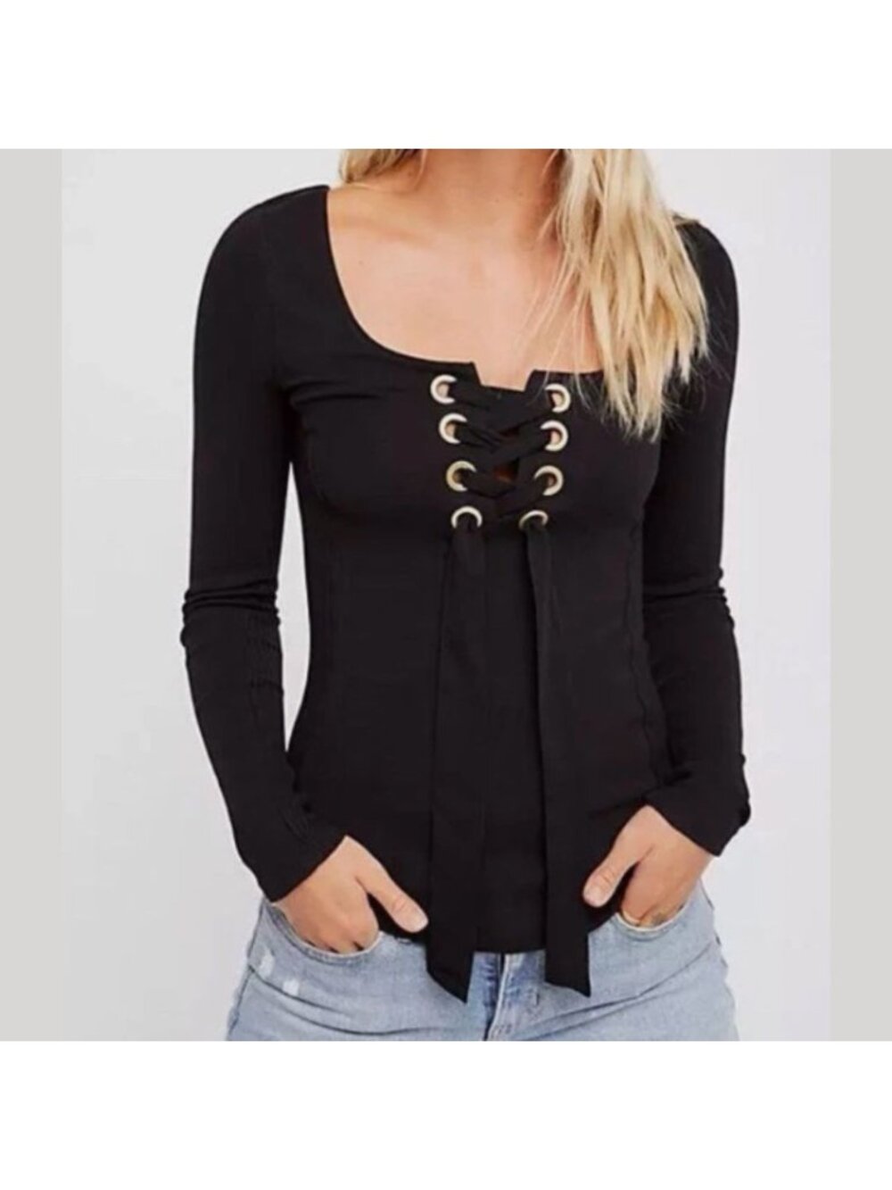 Free People‎ Long Sleeve Lace Up Top Small Black Grunge Whimsigoth Fitted Shirt